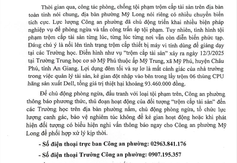 Nguồn: Công an phường Mỹ Long